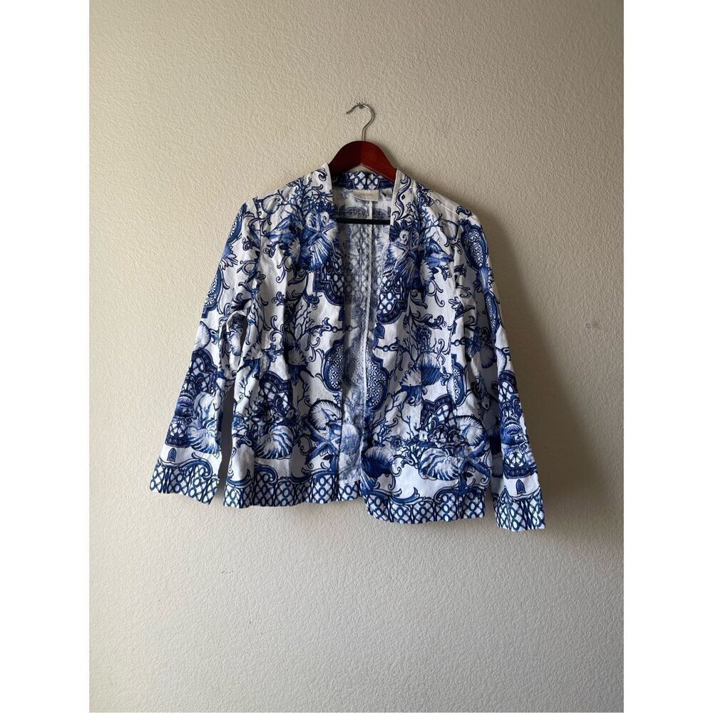 Chicos linen starfish beach white and‎ blue coastal open cardigan size large